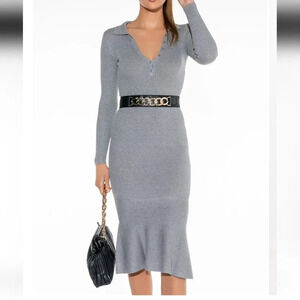 Akira Good Love Long Sleeve Midi Mermaid Rib Knit Grey Dress Sz LG